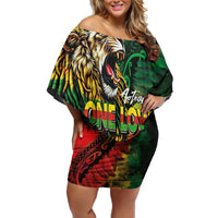 Aotearoa One Love Off Shoulder Short Dress Reggae Lion with Kakahu Huruhuru LT03 Women Black - Polynesian Pride