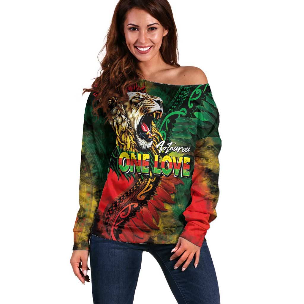Aotearoa One Love Off Shoulder Sweater Reggae Lion with Kakahu Huruhuru LT03 Women Black - Polynesian Pride
