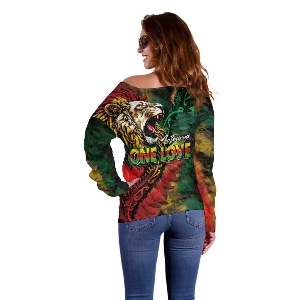 Aotearoa One Love Off Shoulder Sweater Reggae Lion with Kakahu Huruhuru LT03 - Polynesian Pride
