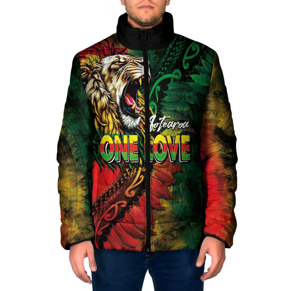 Aotearoa One Love Padded Jacket Reggae Lion with Kakahu Huruhuru LT03 Men Black - Polynesian Pride