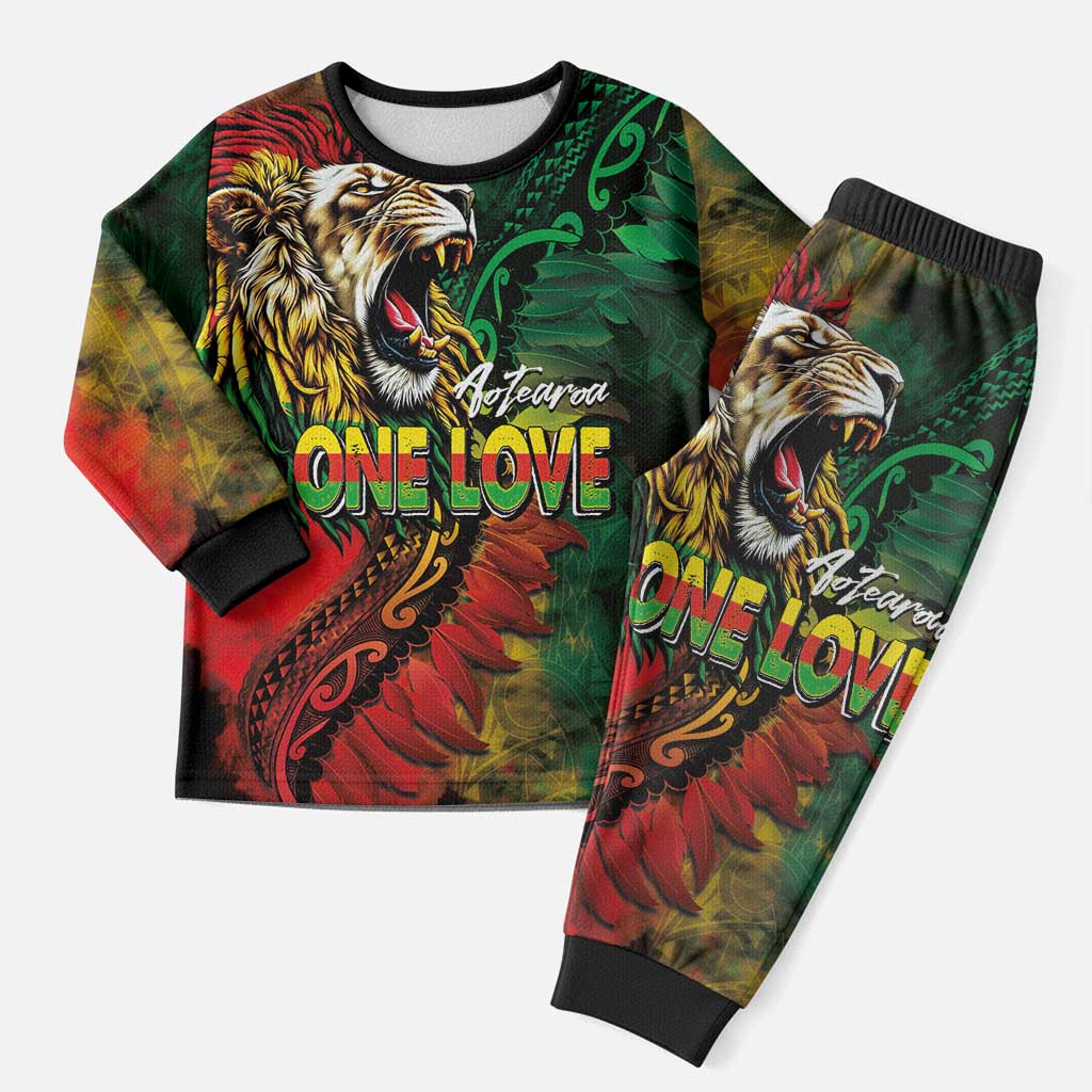Aotearoa One Love Christmas Pajama Set Reggae Lion with Kakahu Huruhuru LT03 Men Black - Polynesian Pride