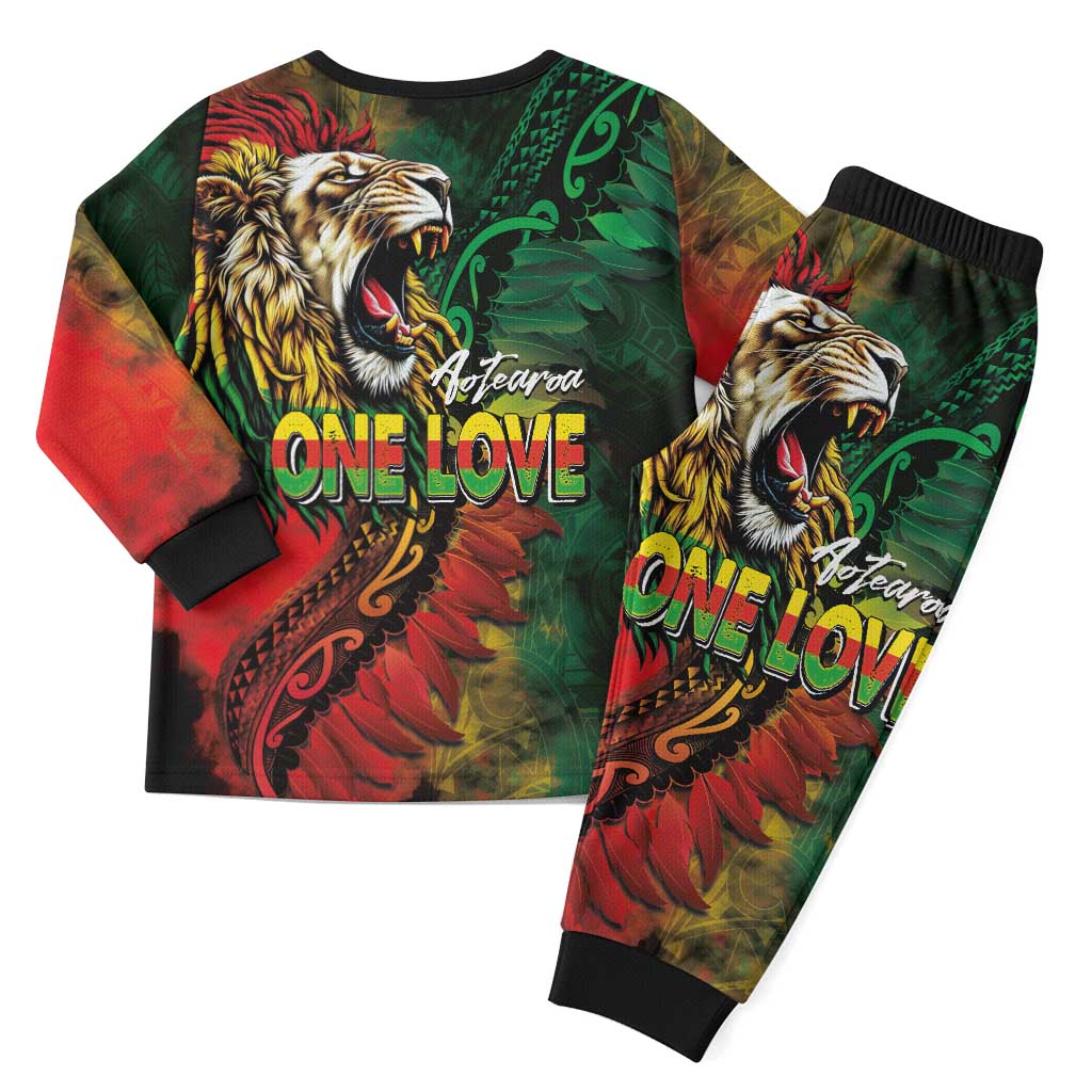 Aotearoa One Love Christmas Pajama Set Reggae Lion with Kakahu Huruhuru LT03 - Polynesian Pride