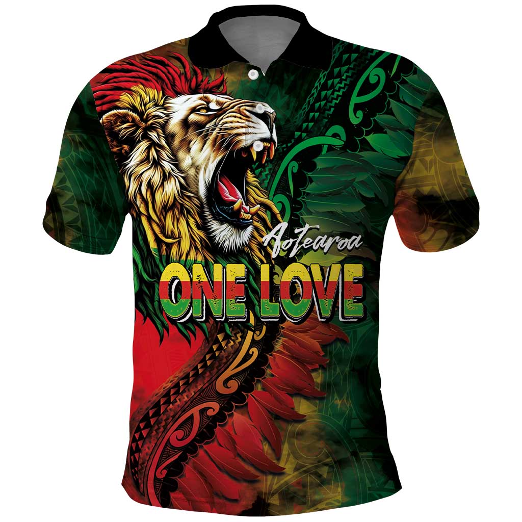 Aotearoa One Love Polo Shirt Reggae Lion with Kakahu Huruhuru LT03 Black - Polynesian Pride