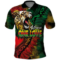 Aotearoa One Love Polo Shirt Reggae Lion with Kakahu Huruhuru LT03 Black - Polynesian Pride