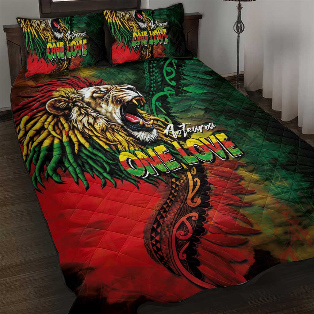 Aotearoa One Love Quilt Bed Set Reggae Lion with Kakahu Huruhuru
