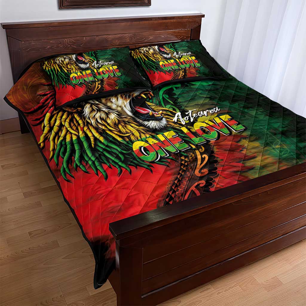 Aotearoa One Love Quilt Bed Set Reggae Lion with Kakahu Huruhuru