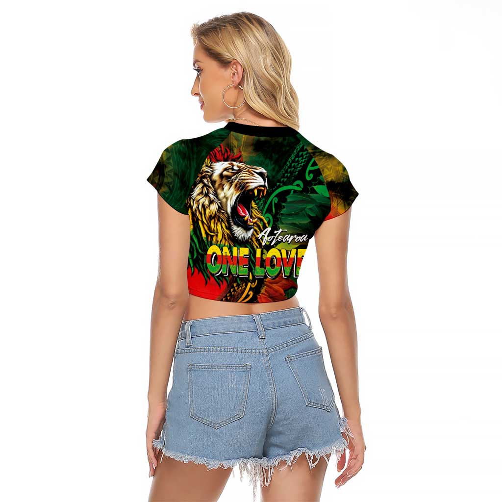 Aotearoa One Love Raglan Cropped T Shirt Reggae Lion with Kakahu Huruhuru LT03 - Polynesian Pride