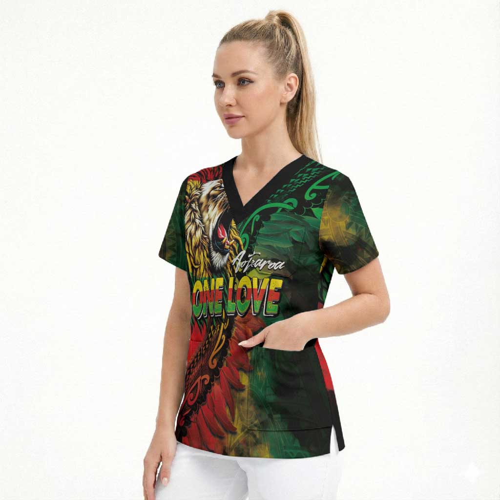 Aotearoa One Love Scrub Top Reggae Lion with Kakahu Huruhuru LT03 - Polynesian Pride