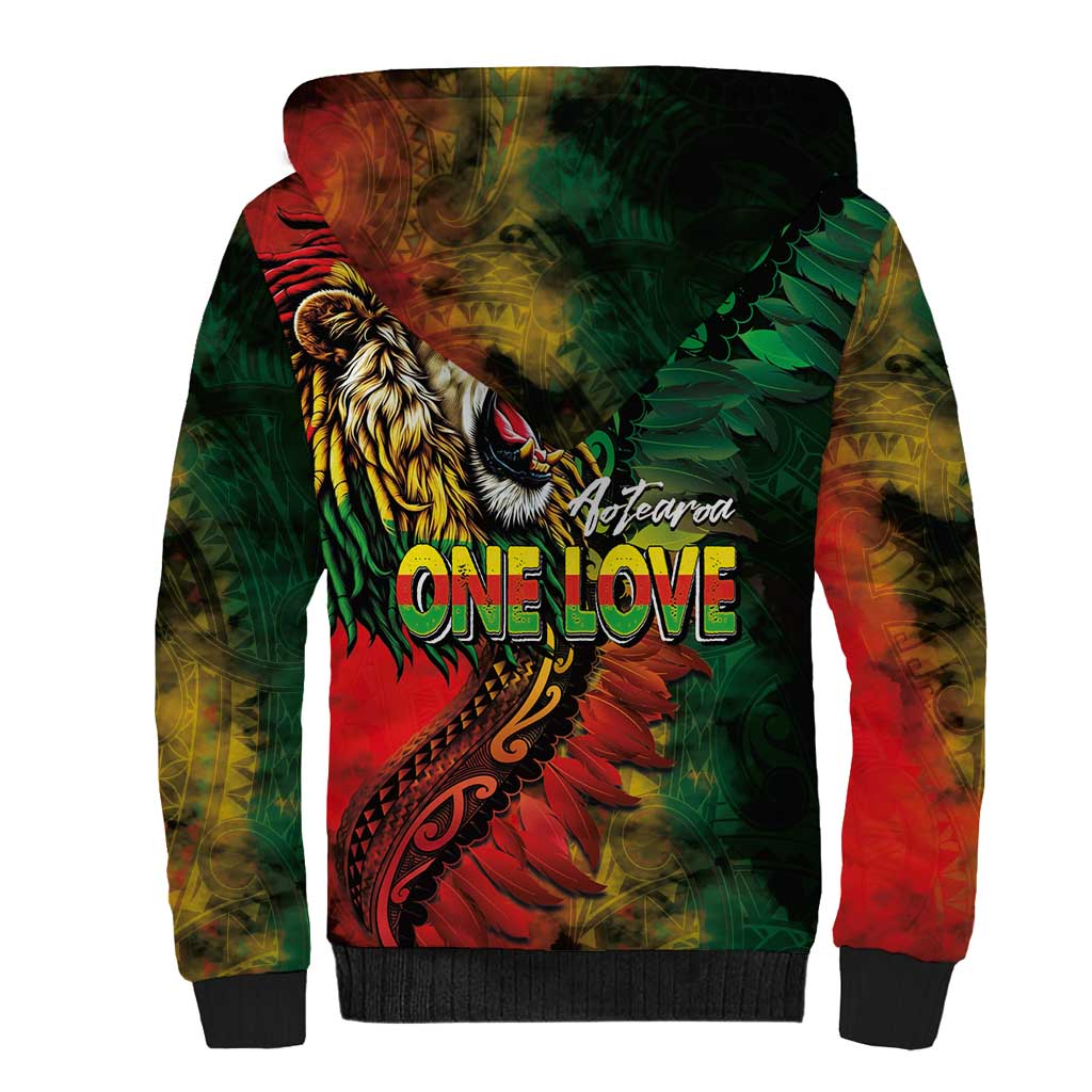 Aotearoa One Love Sherpa Hoodie Reggae Lion with Kakahu Huruhuru LT03 - Polynesian Pride