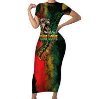 Aotearoa One Love Short Sleeve Bodycon Dress Reggae Lion with Kakahu Huruhuru LT03 Long Dress Black - Polynesian Pride