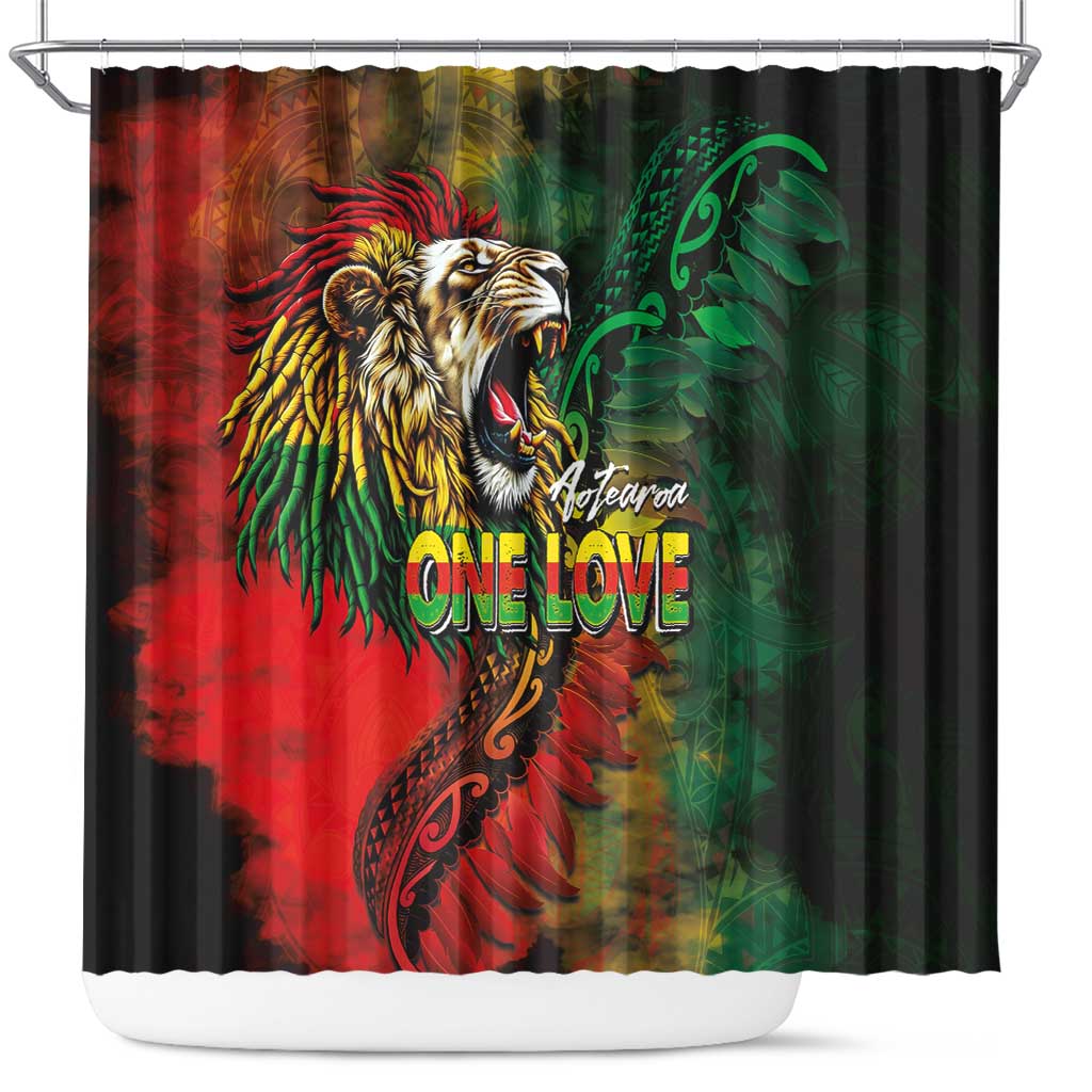 Aotearoa One Love Shower Curtain Reggae Lion with Kakahu Huruhuru LT03 Black - Polynesian Pride