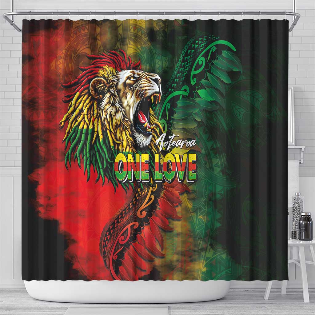 Aotearoa One Love Shower Curtain Reggae Lion with Kakahu Huruhuru LT03 - Polynesian Pride