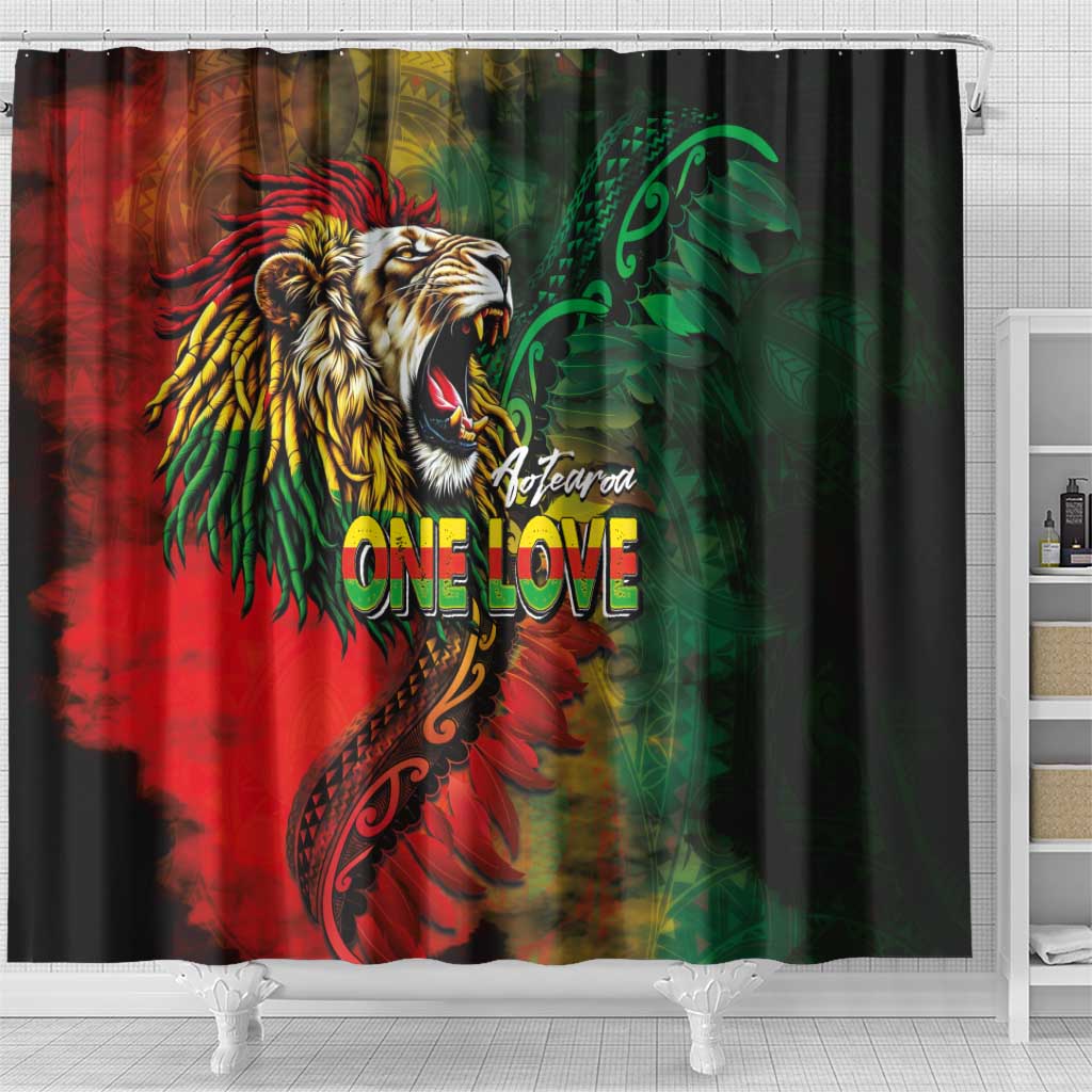 Aotearoa One Love Shower Curtain Reggae Lion with Kakahu Huruhuru LT03 - Polynesian Pride