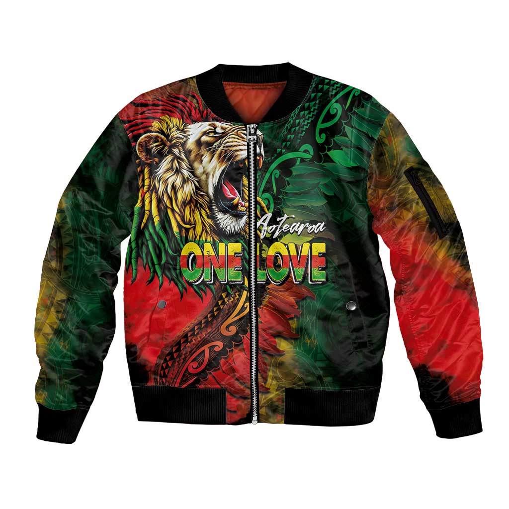 Aotearoa One Love Sleeve Zip Bomber Jacket Reggae Lion with Kakahu Huruhuru LT03 Unisex Black - Polynesian Pride