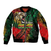 Aotearoa One Love Sleeve Zip Bomber Jacket Reggae Lion with Kakahu Huruhuru LT03 Unisex Black - Polynesian Pride