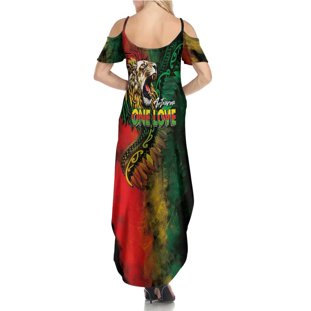 Aotearoa One Love Summer Maxi Dress Reggae Lion with Kakahu Huruhuru LT03 - Polynesian Pride