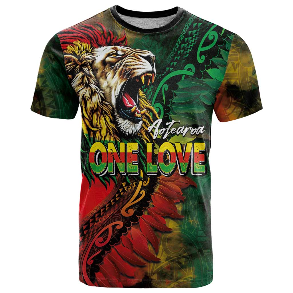 Aotearoa One Love T Shirt Reggae Lion with Kakahu Huruhuru LT03 Black - Polynesian Pride