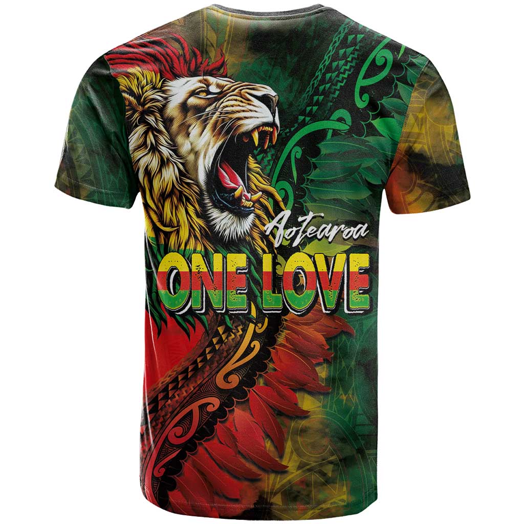 Aotearoa One Love T Shirt Reggae Lion with Kakahu Huruhuru LT03 - Polynesian Pride