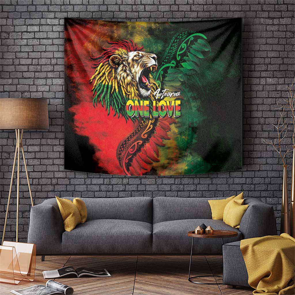 Aotearoa One Love Tapestry Reggae Lion with Kakahu Huruhuru LT03 Black - Polynesian Pride