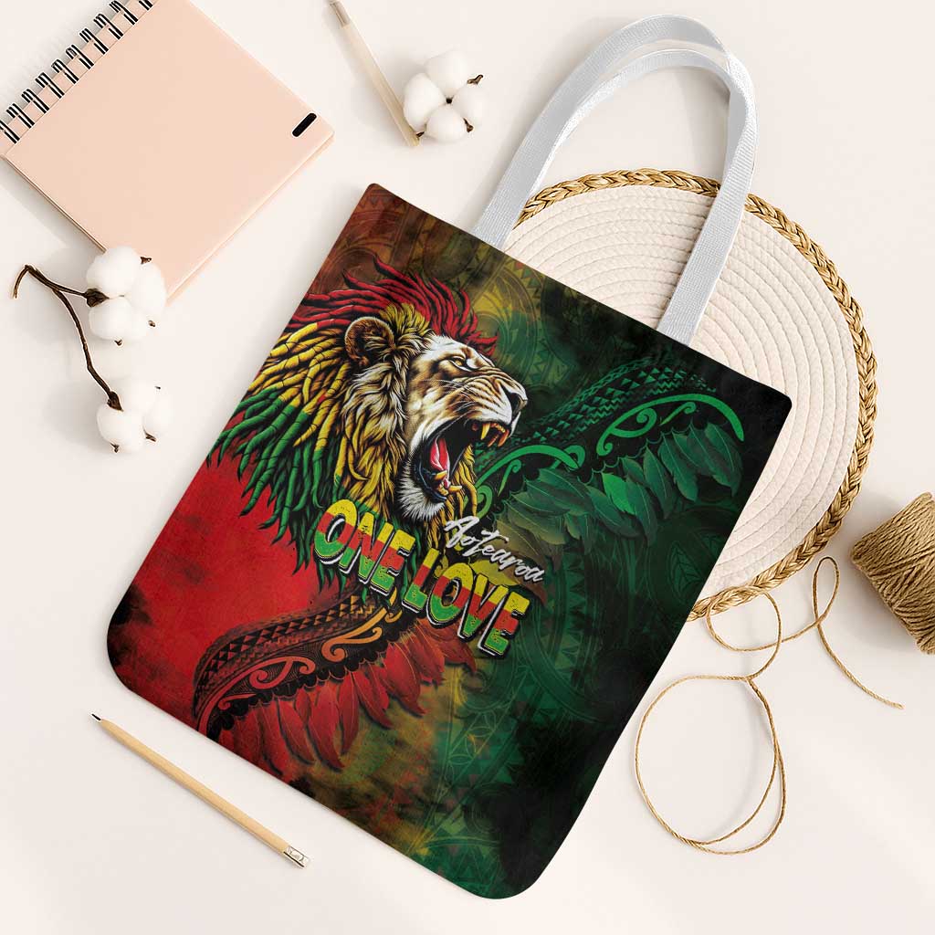 Aotearoa One Love Tote Bag Reggae Lion with Kakahu Huruhuru LT03 White Strap One Size Black - Polynesian Pride