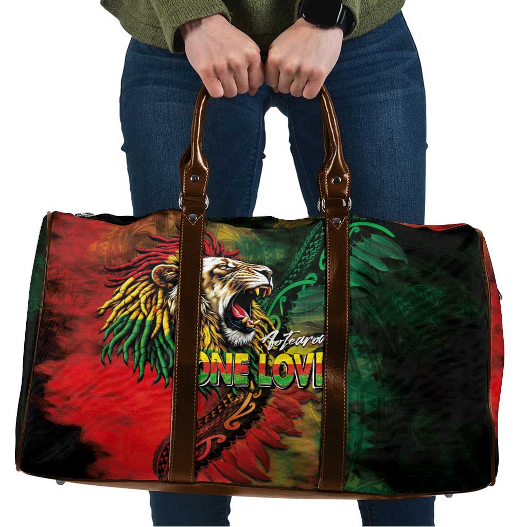 Aotearoa One Love Travel Bag Reggae Lion with Kakahu Huruhuru LT03 Black - Polynesian Pride