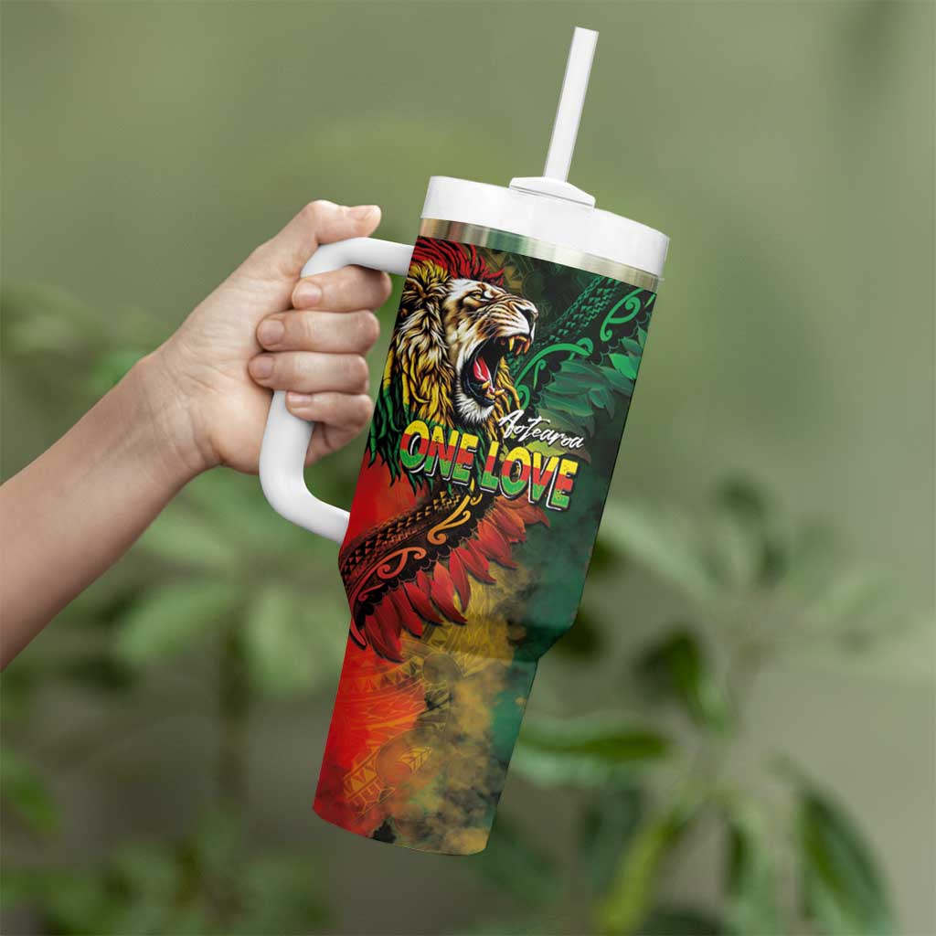 Aotearoa One Love Tumbler With Handle Reggae Lion with Kakahu Huruhuru LT03 - Polynesian Pride