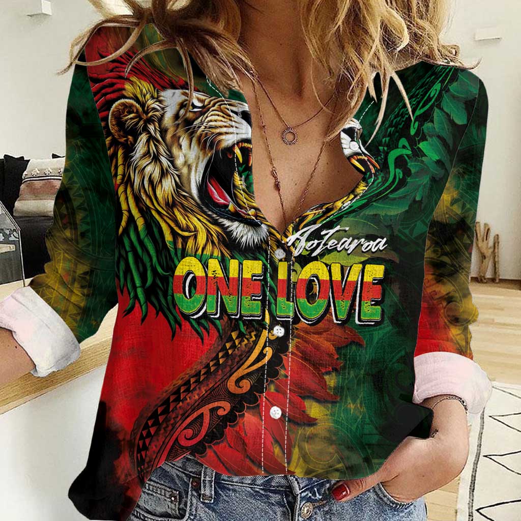 Aotearoa One Love Women Casual Shirt Reggae Lion with Kakahu Huruhuru LT03 Female Black - Polynesian Pride