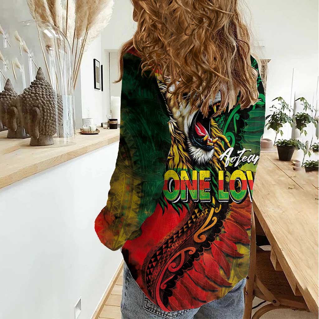 Aotearoa One Love Women Casual Shirt Reggae Lion with Kakahu Huruhuru LT03 - Polynesian Pride