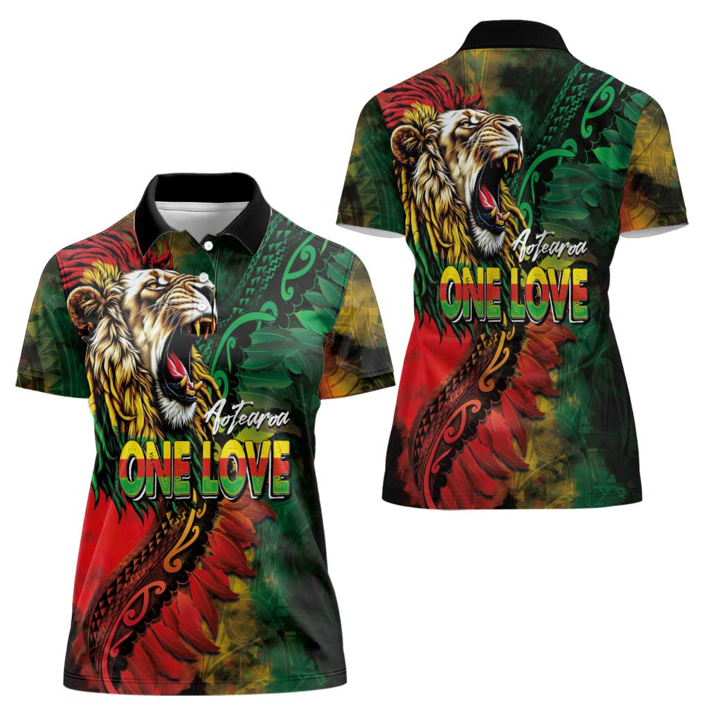 Aotearoa One Love Women Polo Shirt Reggae Lion with Kakahu Huruhuru LT03 - Polynesian Pride