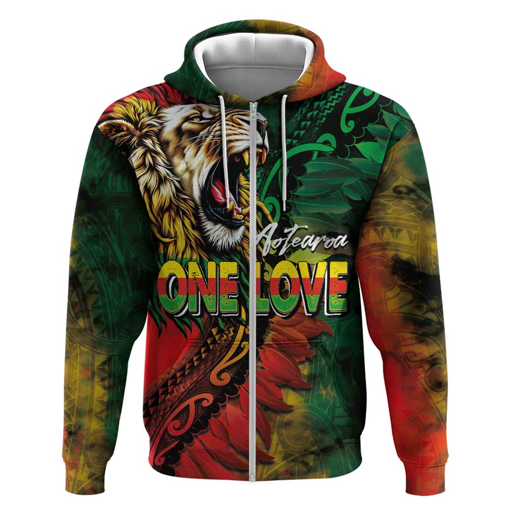 Aotearoa One Love Zip Hoodie Reggae Lion with Kakahu Huruhuru LT03 Zip Hoodie Black - Polynesian Pride