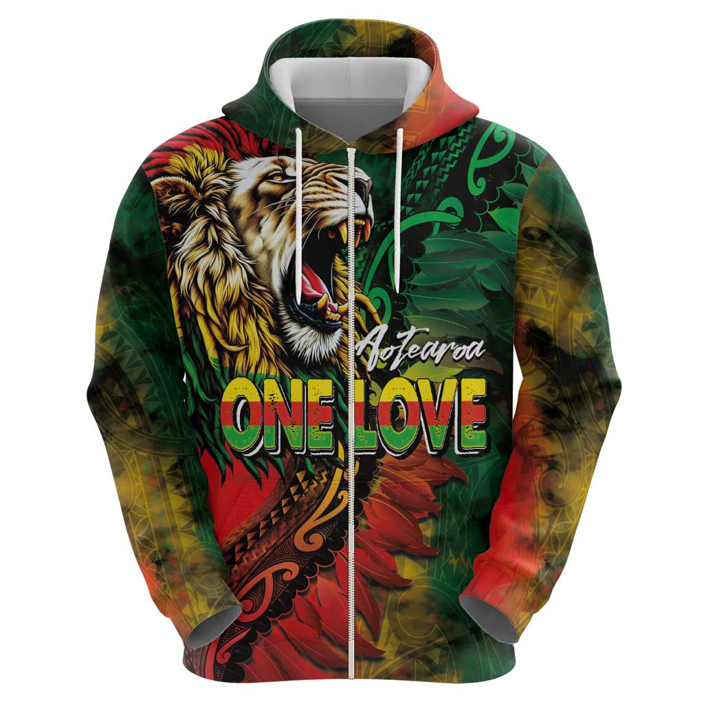 Aotearoa One Love Zip Hoodie Reggae Lion with Kakahu Huruhuru LT03 - Polynesian Pride