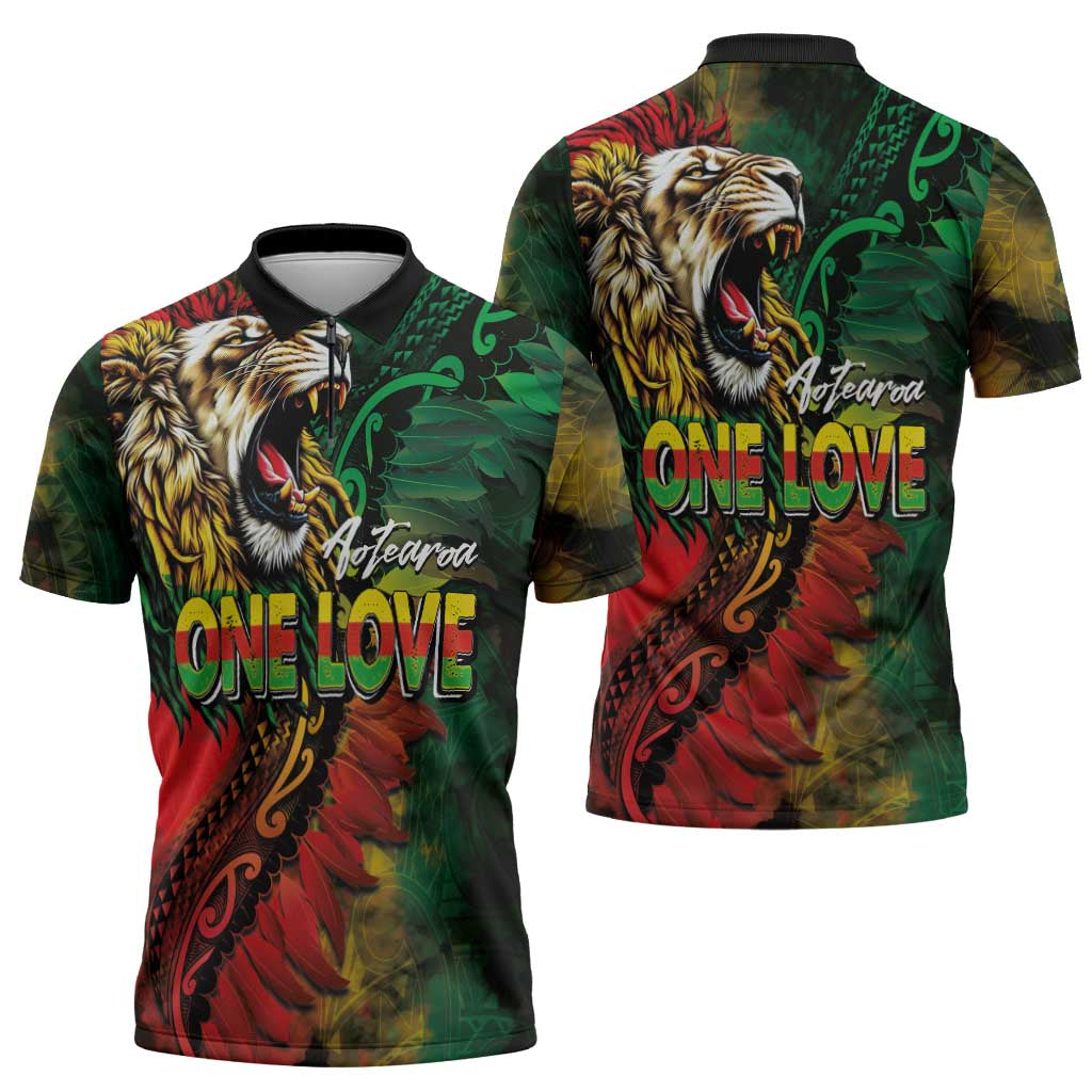 Aotearoa One Love Zipper Polo Shirt Reggae Lion with Kakahu Huruhuru LT03 - Polynesian Pride