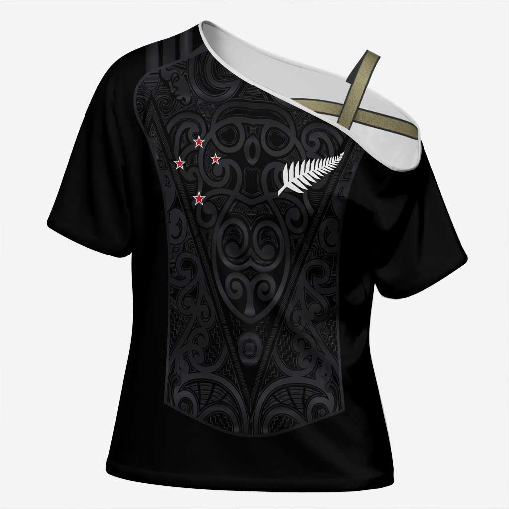 Custom Aotearoa Rugby Cross Shoulder Shirt Fern Blacks-Traditional Maori Motifs Design LT03 Female Black - Polynesian Pride