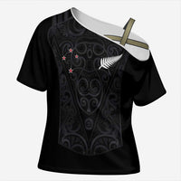 Custom Aotearoa Rugby Cross Shoulder Shirt Fern Blacks-Traditional Maori Motifs Design LT03 Female Black - Polynesian Pride