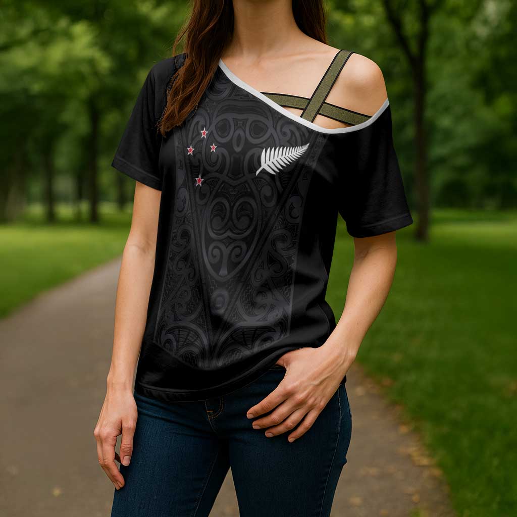 Custom Aotearoa Rugby Cross Shoulder Shirt Fern Blacks-Traditional Maori Motifs Design LT03 - Polynesian Pride
