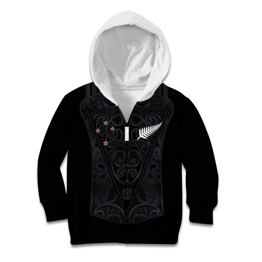 Custom Aotearoa Rugby Kid Hoodie Fern Blacks-Traditional Maori Motifs Design LT03 Zip Hoodie Black - Polynesian Pride