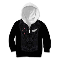 Custom Aotearoa Rugby Kid Hoodie Fern Blacks-Traditional Maori Motifs Design LT03 Zip Hoodie Black - Polynesian Pride