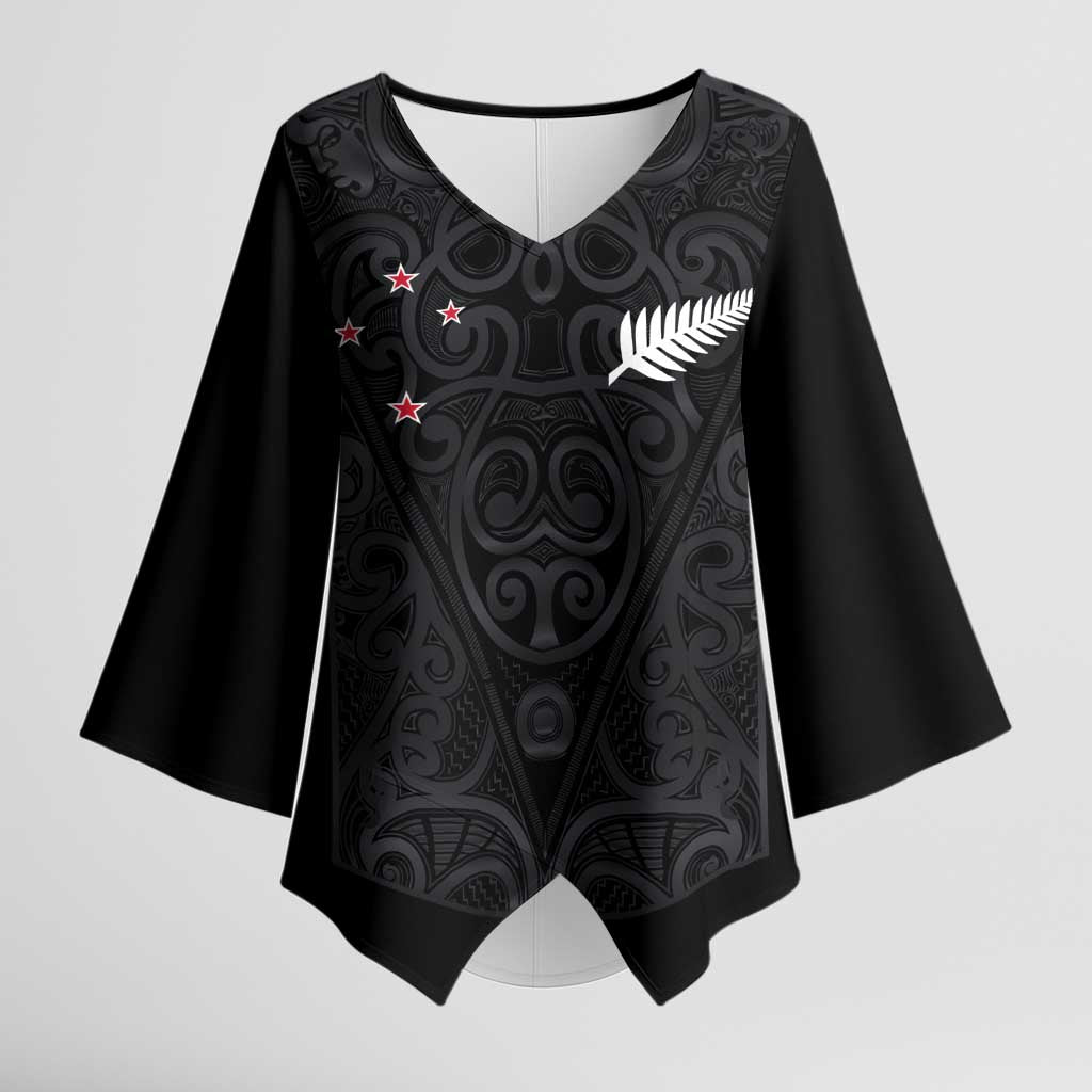 Custom Aotearoa Rugby Kimono Sleeve Blouse Fern Blacks-Traditional Maori Motifs Design LT03 Female Black - Polynesian Pride