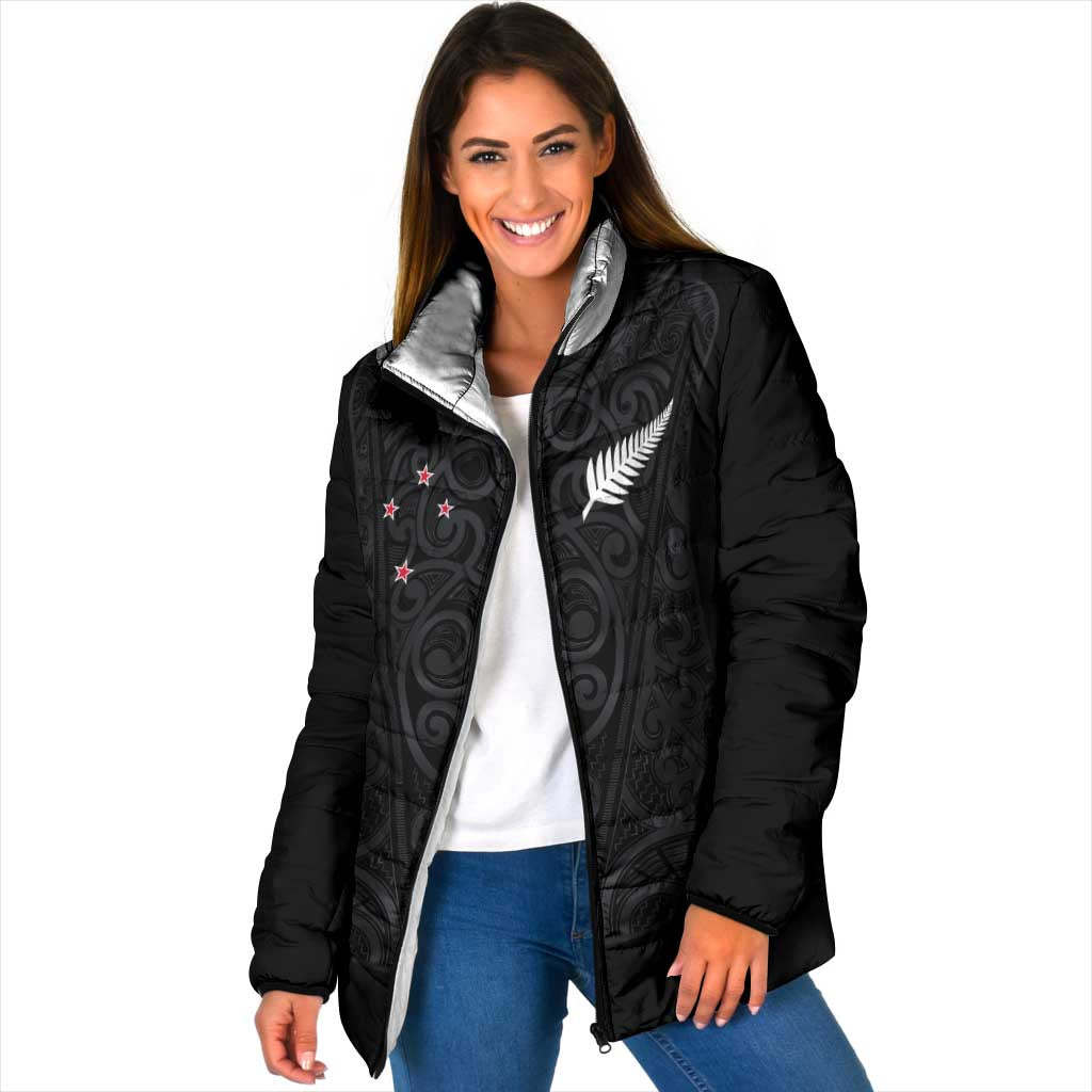 Custom Aotearoa Rugby Padded Jacket Fern Blacks-Traditional Maori Motifs Design LT03 Women Black - Polynesian Pride