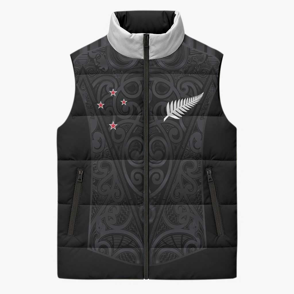 Custom Aotearoa Rugby Sleeveless Puffer Jacket Fern Blacks-Traditional Maori Motifs Design LT03 Unisex Black - Polynesian Pride