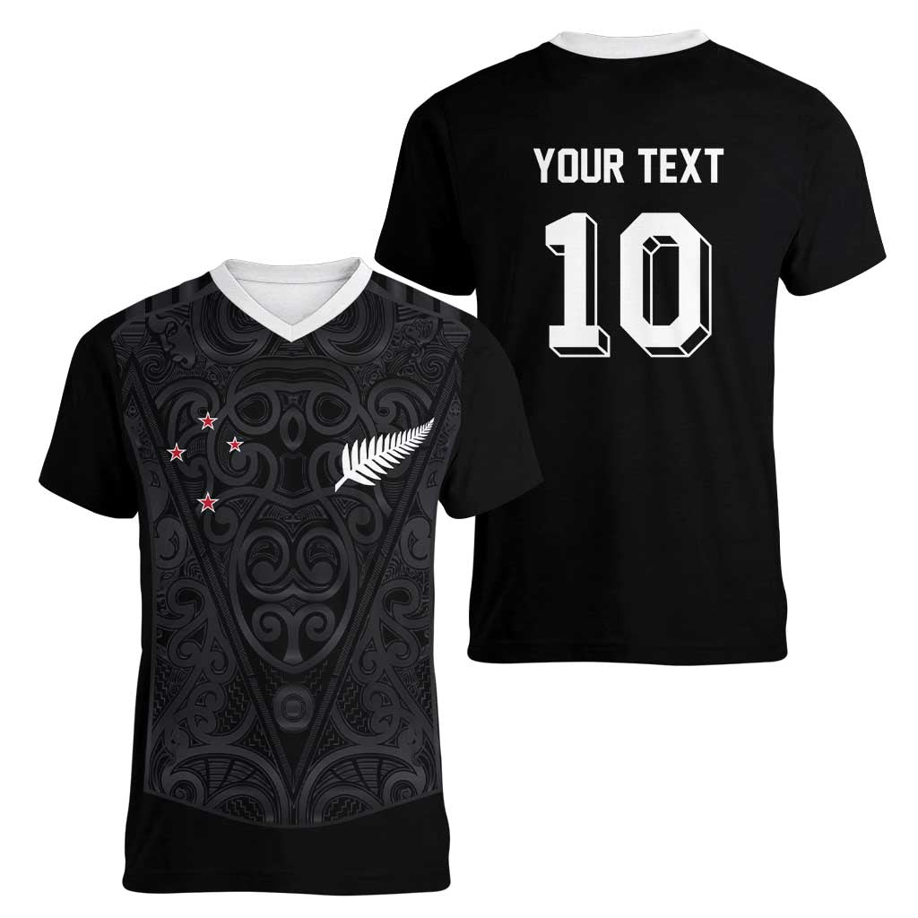 Custom Aotearoa Rugby Women V-Neck T-Shirt Fern Blacks-Traditional Maori Motifs Design