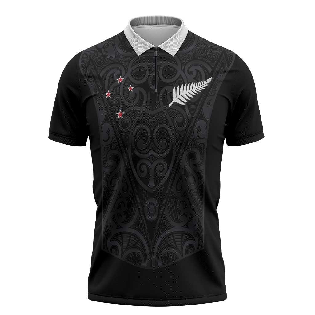 Custom Aotearoa Rugby Zipper Polo Shirt Fern Blacks-Traditional Maori Motifs Design LT03 Black - Polynesian Pride