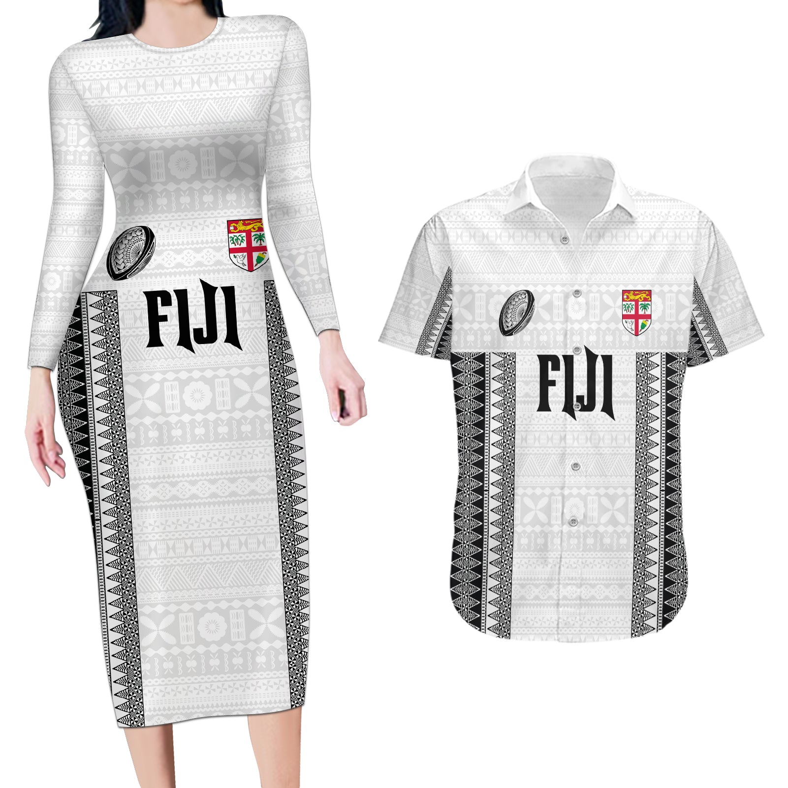 Fiji Rugby Warriors Couples Matching Long Sleeve Bodycon Dress and Hawaiian Shirt Masi Tribal Pattern Go Champion 2024