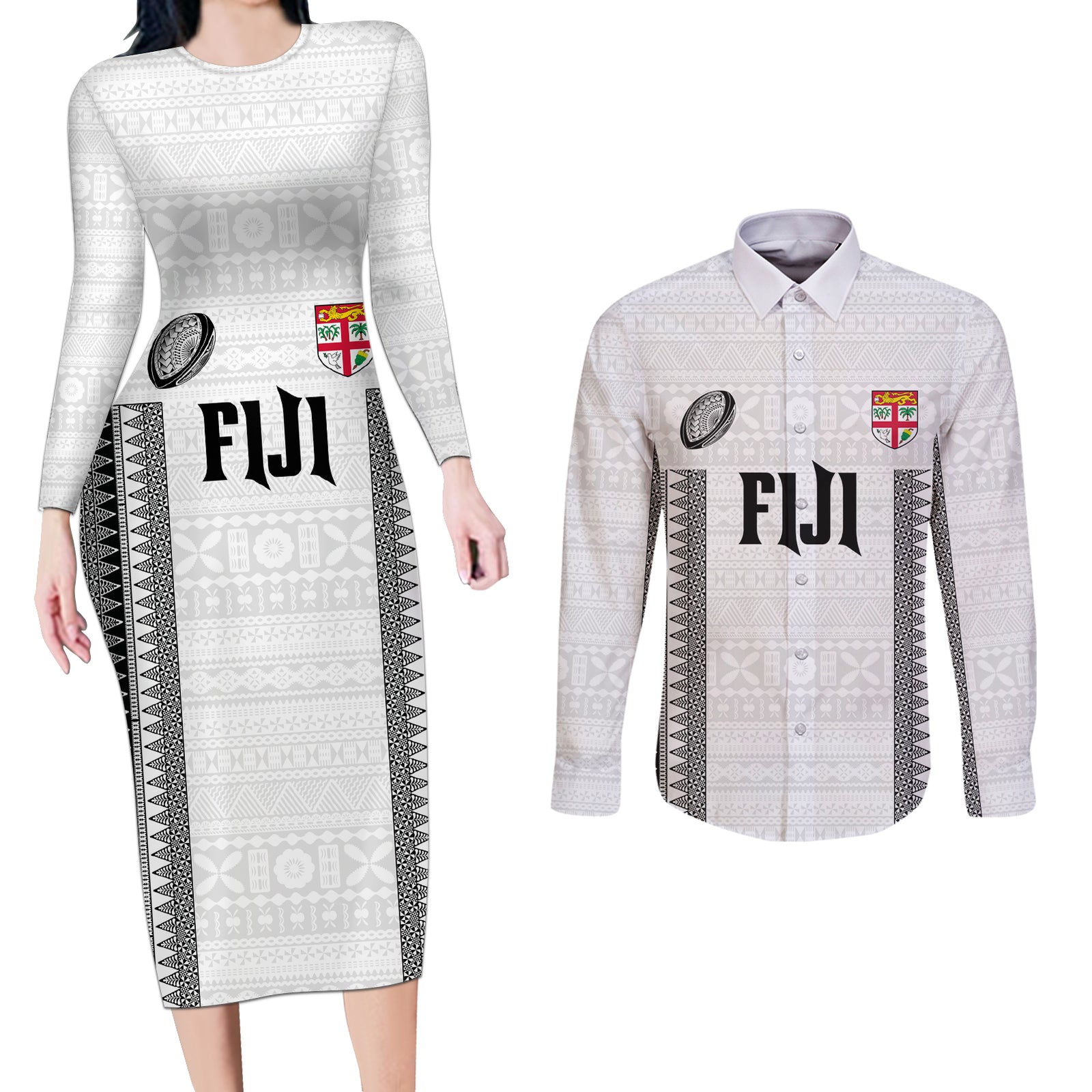 Fiji Rugby Warriors Couples Matching Long Sleeve Bodycon Dress and Long Sleeve Button Shirt Masi Tribal Pattern Go Champion 2024