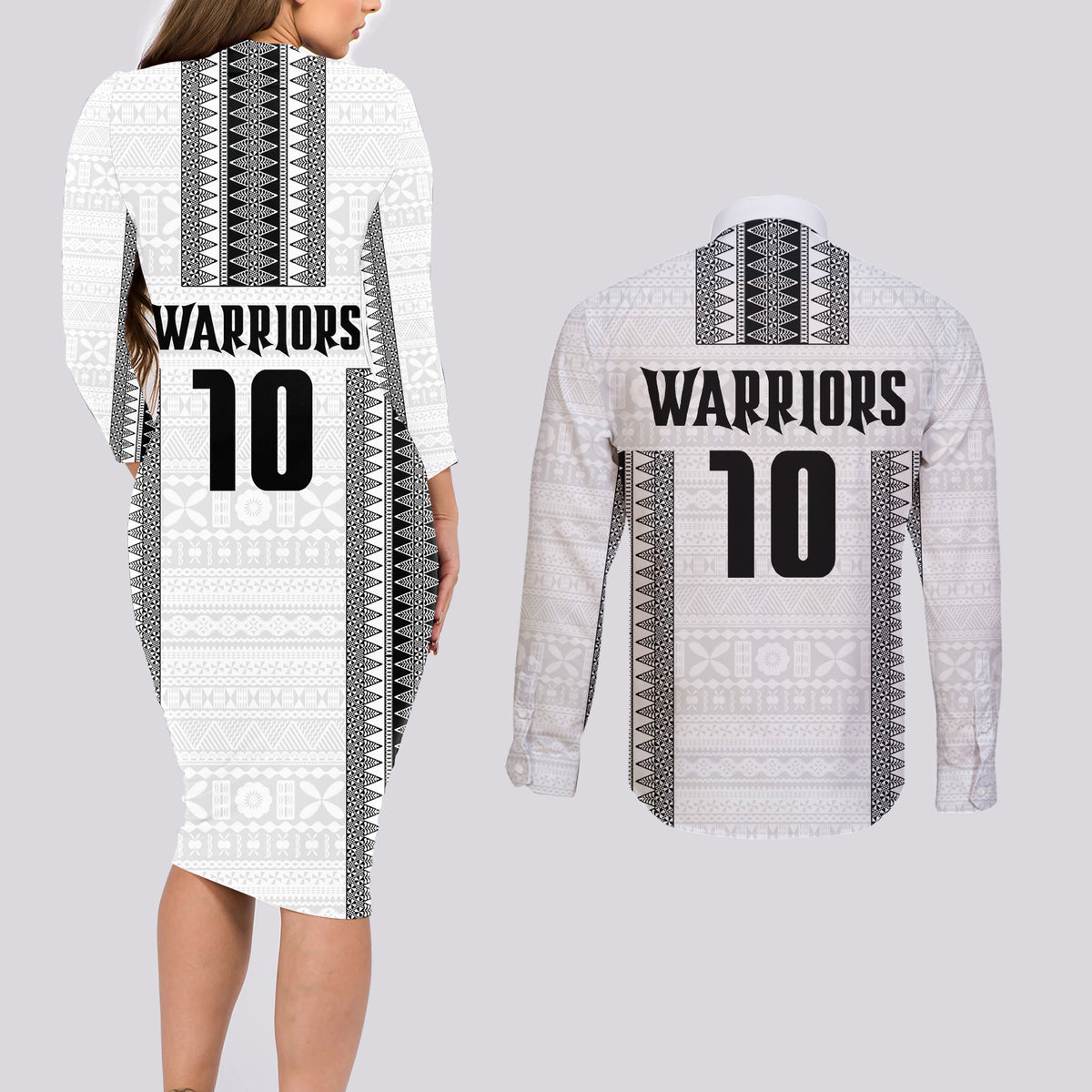 Fiji Rugby Warriors Couples Matching Long Sleeve Bodycon Dress and Long Sleeve Button Shirt Masi Tribal Pattern Go Champion 2024