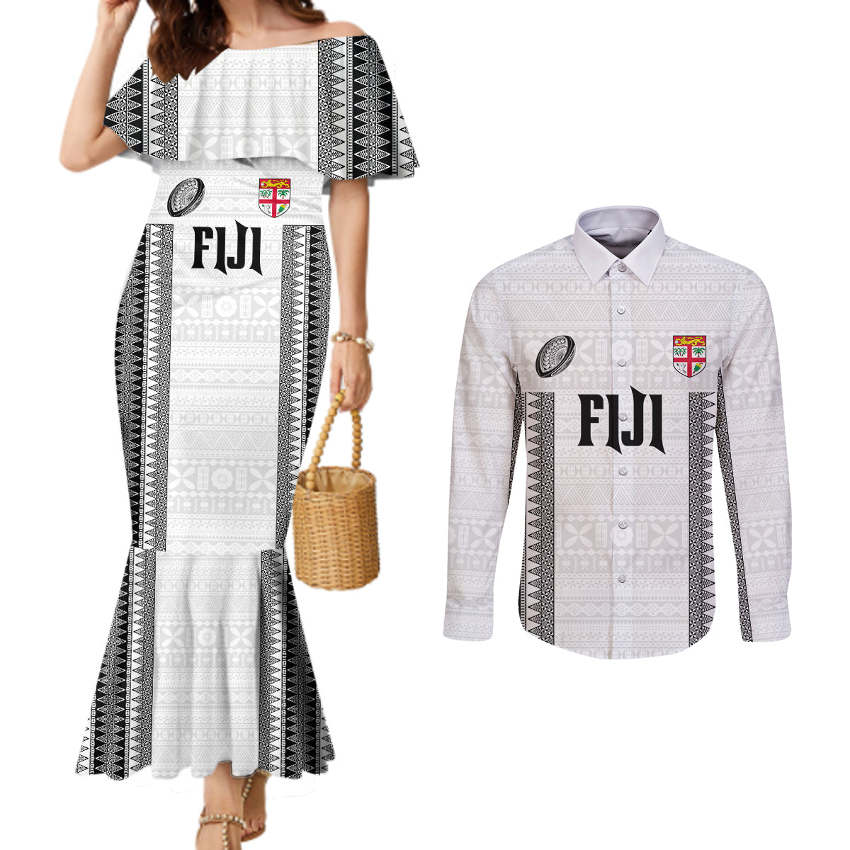 Fiji Rugby Warriors Couples Matching Mermaid Dress and Long Sleeve Button Shirt Masi Tribal Pattern Go Champion 2024