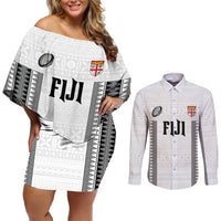 Fiji Rugby Warriors Couples Matching Off Shoulder Short Dress and Long Sleeve Button Shirt Masi Tribal Pattern Go Champion 2024