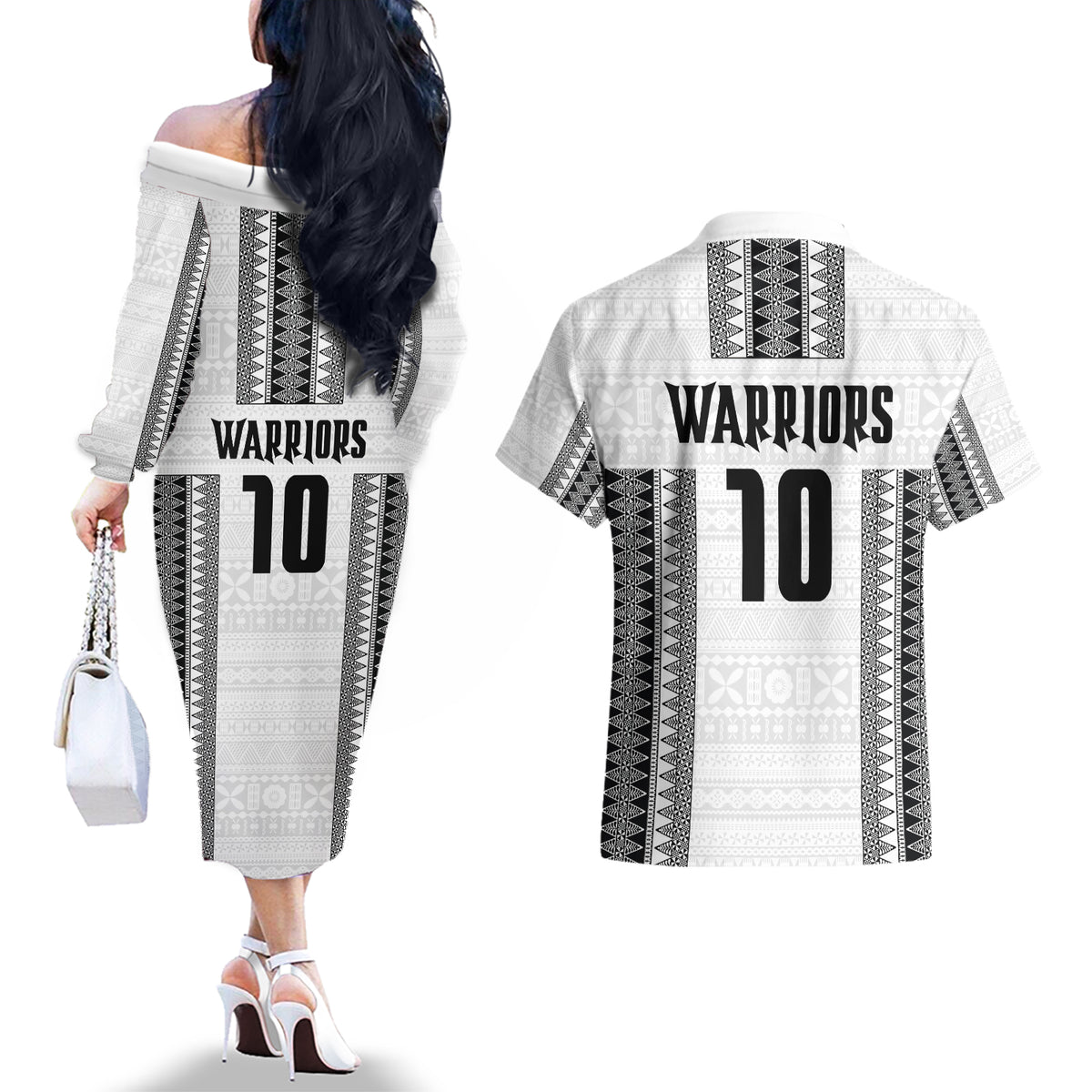 Fiji Rugby Warriors Couples Matching Off The Shoulder Long Sleeve Dress and Hawaiian Shirt Masi Tribal Pattern Go Champion 2024