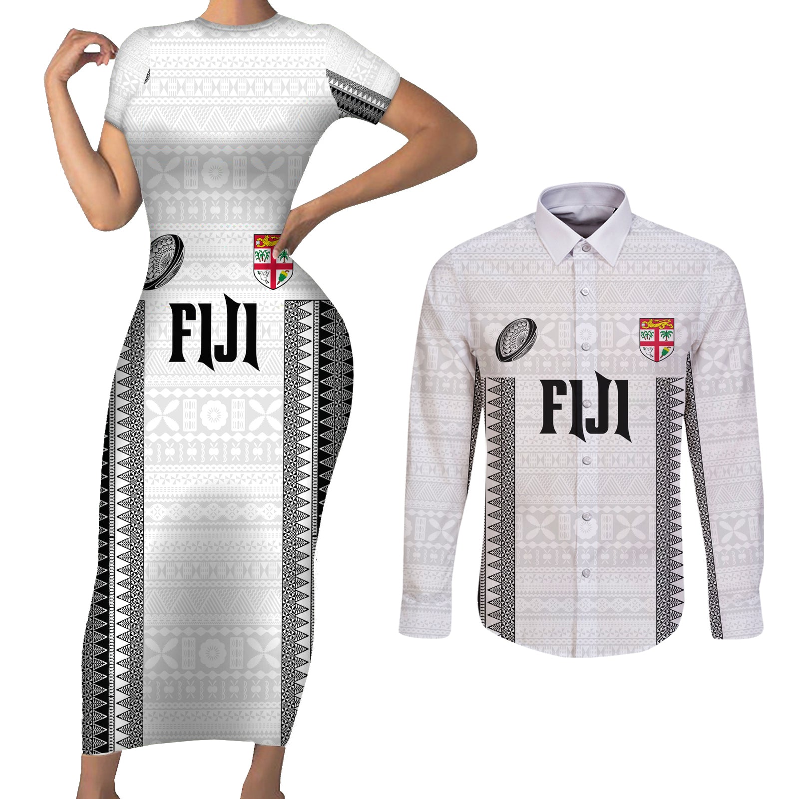 Fiji Rugby Warriors Couples Matching Short Sleeve Bodycon Dress and Long Sleeve Button Shirt Masi Tribal Pattern Go Champion 2024