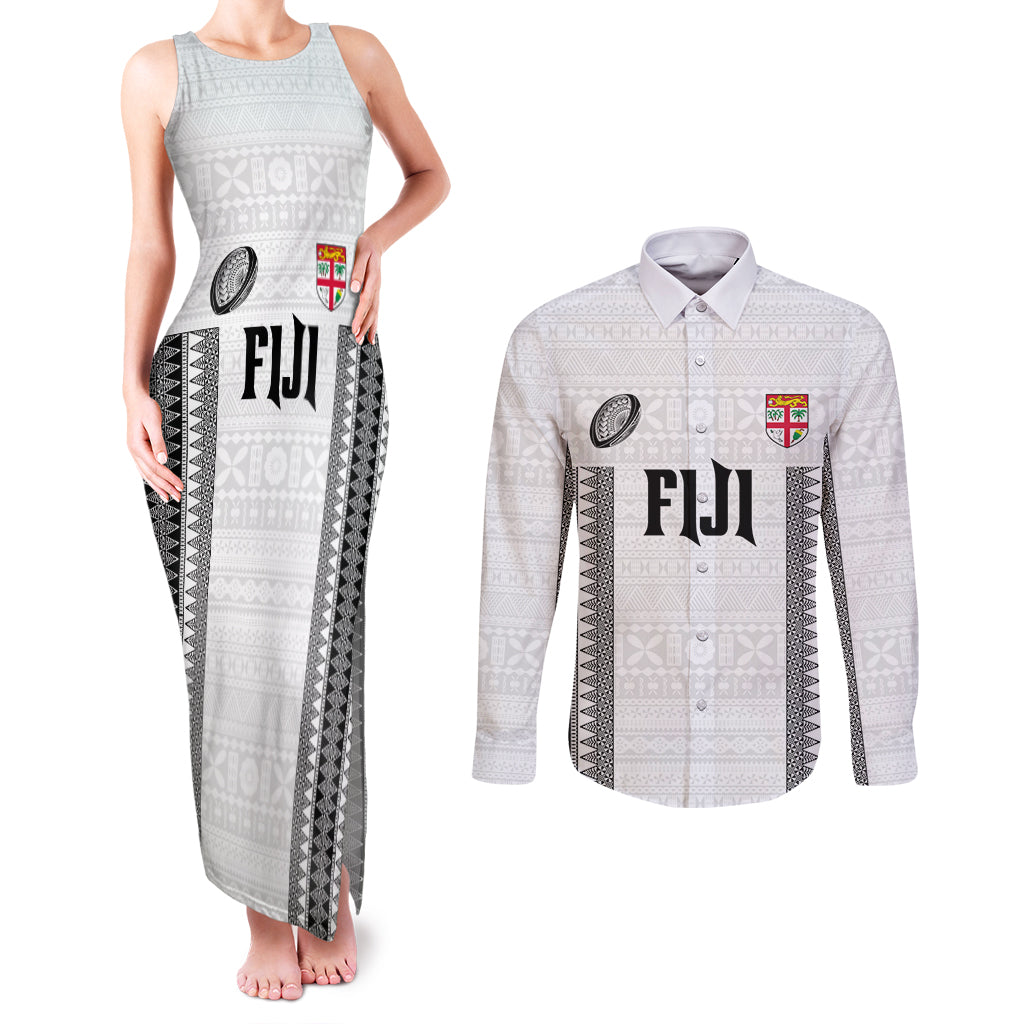 Fiji Rugby Warriors Couples Matching Tank Maxi Dress and Long Sleeve Button Shirt Masi Tribal Pattern Go Champion 2024
